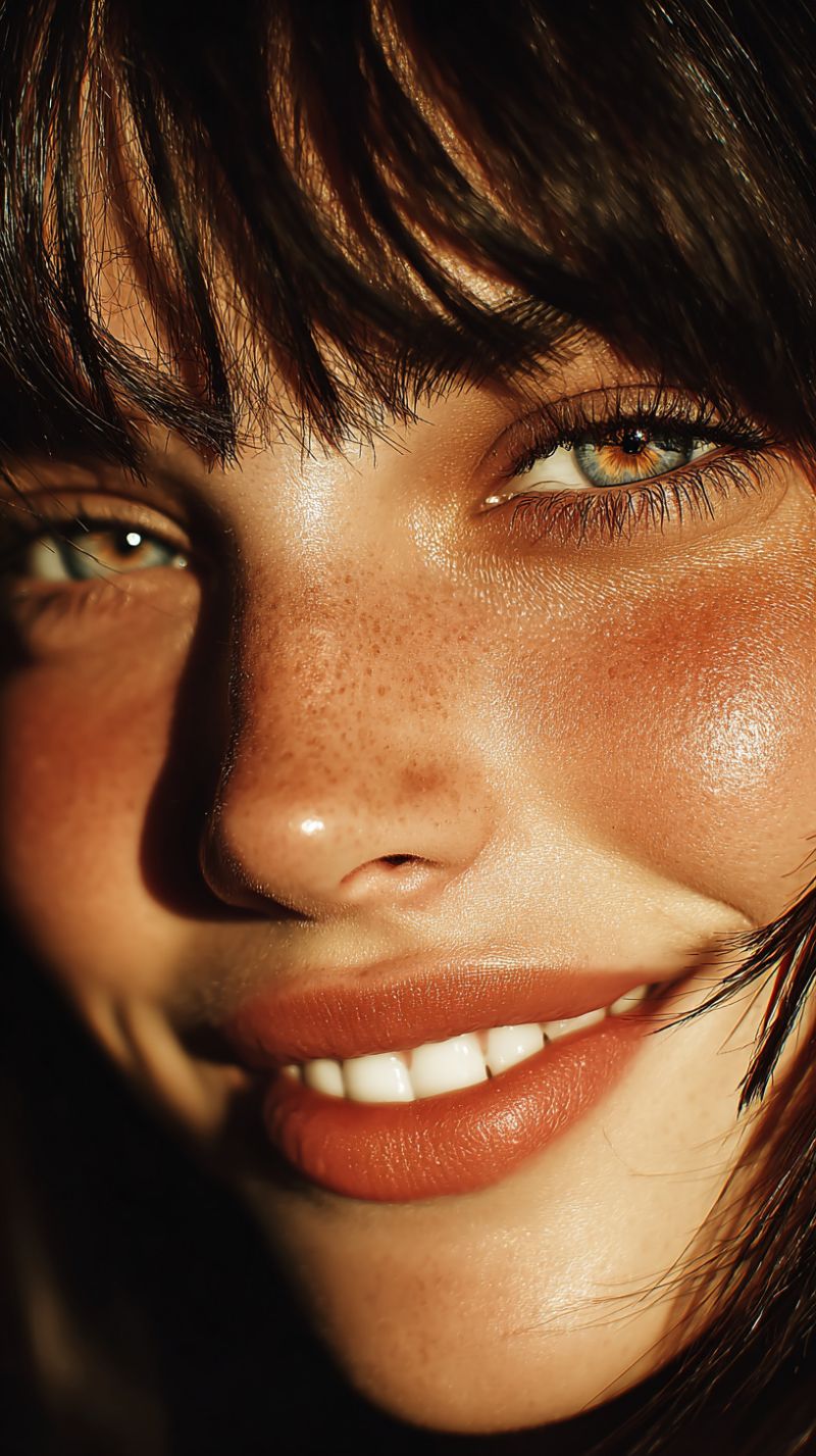 Sourire peau yeux taches rousseur ombre texture beaute maquillage soins naturel Un portrait rapproché d'une femme aux cheveux courts et foncés, avec un sourire chaleureux et invitant. Ses yeux sont en forme d'amande, avec de longs cils foncés et une légère trace de taches de rousseur sur ses joues. Sa peau a un éclat naturel et doré, et elle a un petit grain de beauté sur sa joue droite. L'éclairage est doux et flatteur, mettant en valeur ses traits et créant un sentiment de chaleur et d'intimité.