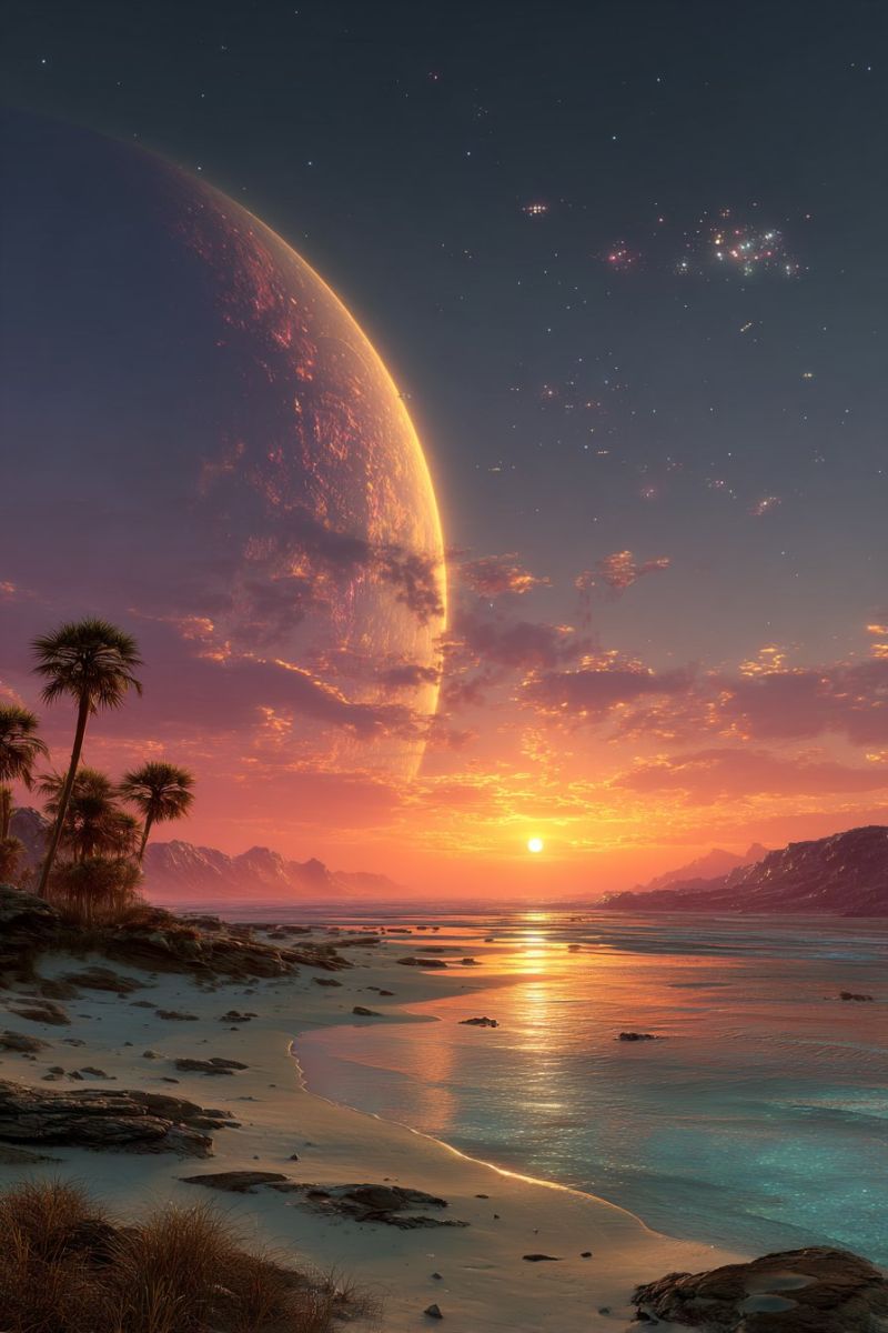 Sunset beach sky horizon sea clouds rocks mountains water reflection nature scenery outdoors evening tropical island planet palm trees A serene beach scene at sunset with a large planet in the sky. The horizon is painted with warm hues of orange and pink, reflecting off the calm, clear water. The beach is sandy with scattered rocks and a few palm trees. The sky is dotted with stars and a few distant galaxies. The planet, likely a large moon or planet, is glowing with a mix of orange and blue light, casting a soft glow over the landscape.