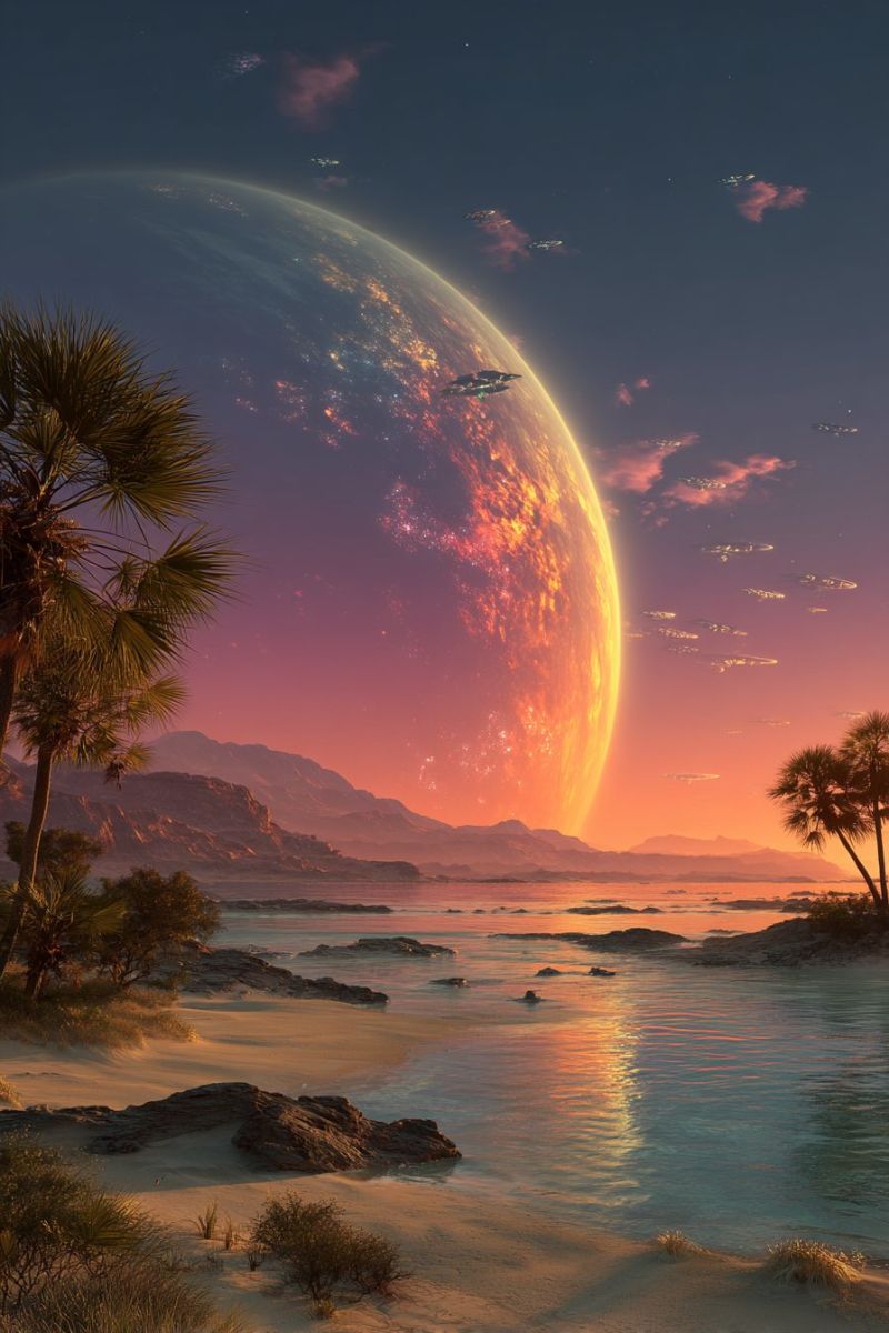 Planete ciel espace coucher soleil mer rocher nuage eau arbre plage montagne rivage ocean palmier reflet ile Une vaste planète lumineuse domine le ciel, avec des teintes d'orange et de rose se mêlant à un bleu profond. La surface de la planète est parsemée de lumières, peut-être des villes ou des phénomènes naturels. Au premier plan, une plage sereine s'étend, avec des palmiers dressés de chaque côté. L'eau est calme, reflétant les couleurs du ciel et de la planète. Au loin, des montagnes s'élèvent, leurs sommets baignés dans la douce lumière du soleil couchant. La scène est paisible, avec un sentiment de tranquillité et d'émerveillement.