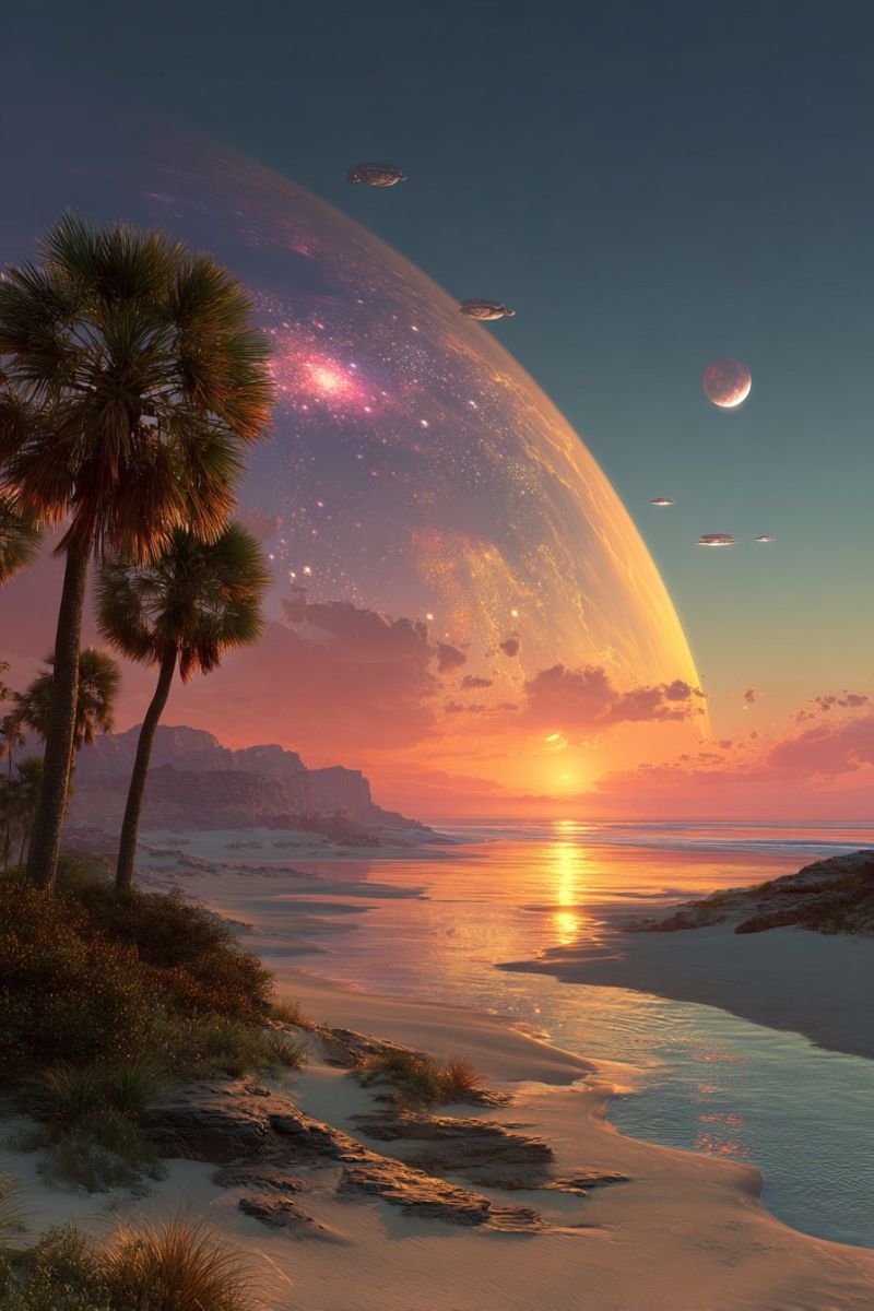 Sunset beach sky water cloud horizon sea rock shore island mountain space planet ufo moon galaxy star reflection palm tree serene beach scene under a twilight sky. The horizon is dominated by a large, glowing planet, with a setting sun casting warm, golden light across the scene. The sky is a mix of deep blues and soft pinks, with scattered clouds. In the foreground, there are two tall palm trees, their fronds gently swaying in a breeze. The beach is sandy, with a small stream of water flowing towards the ocean. The ocean itself is calm, with gentle waves lapping at the shore. In the distance, there are several small, glowing objects in the sky, possibly satellites or stars. The overall atmosphere is peaceful and otherworldly.