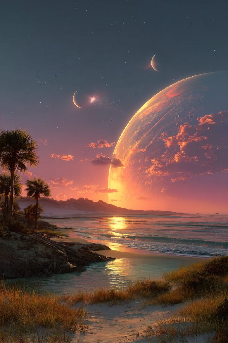 Sunset beach sky planet sea clouds moon stars water rocks trees grass shoreline reflection waves horizon night evening palm serene beach scene at sunset. The sky is a deep blue, dotted with stars and two crescent moons. A large, glowing planet is visible in the sky, casting a warm, golden light over the scene. The beach is sandy with patches of tall, golden grass. There are a few palm trees on the left side of the beach, their leaves gently swaying in the breeze. The water is calm, reflecting the colors of the sunset, and there are small waves gently lapping at the shore. In the distance, a rocky outcrop is visible, adding to the natural beauty of the landscape.
