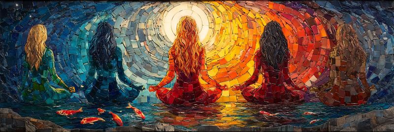 Meditation mosaic women yoga water fish sun colorful spirituality peace harmony nature reflection zen calm balance Oeuvre en mosaïque représentant quatre femmes dans des poses méditatives, chacune entourée de carreaux multicolores vibrants. La figure centrale est une femme aux longs cheveux fluides, assise en position de lotus, les mains posées sur ses genoux. Elle est entourée d'une lumière rayonnante semblable au soleil, créant un effet chaleureux et lumineux. Les trois autres femmes sont positionnées à gauche et à droite de la figure centrale, chacune avec ses propres palettes de couleurs et motifs de carreaux distincts. Le fond est un mélange de teintes bleues, jaunes et orange, avec des poissons nageant dans l'eau sous les figures. La scène globale est sereine et méditative, avec un sentiment d'unité et d'harmonie parmi les figures