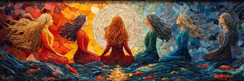 Mosaic painting women sun water fish reflection meditation colorful fantasy spirituality nature harmony balance unity creativity inspiration L'oeuvre d'art représente un groupe de cinq femmes assises dans une pose méditative, disposées en demi-cercle. Chaque femme a de longs cheveux fluides et est vêtue d'une robe fluide. Le fond est un vibrant mosaïque de carreaux colorés, avec un grand soleil circulaire au centre, irradiant une lumière chaude et dorée. Le soleil est entouré d'une mosaïque de carreaux orange et jaunes, créant un effet chaud et lumineux. Les femmes sont assises sur un lit de carreaux bleus, avec de petits poissons colorés nageant autour d'elles. L'effet global est de sérénité et de tranquillité, les femmes semblant être dans un état de profonde méditation ou de contemplation