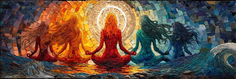 Mosaique meditation femmes soleil eau ocean vagues spiritualite yoga paix harmonie nature reflexion equilibre creativite oeuvre d'art en mosaïque vibrante représentant cinq femmes en poses méditatives. La figure centrale est une femme aux longs cheveux fluides, portant une tenue rouge, assise en position de lotus. Elle est entourée de quatre autres femmes, chacune avec des couleurs de cheveux et des tenues distinctes : une en bleu, une en vert, une en jaune et une en orange. Le fond est une mosaïque de carreaux colorés, avec un grand design solaire circulaire au centre, irradiant des couleurs chaudes comme le jaune, l'orange et le rouge. Le soleil est entouré d'un motif d'ondes bleues et vertes, ajoutant à la composition dynamique et harmonieuse.