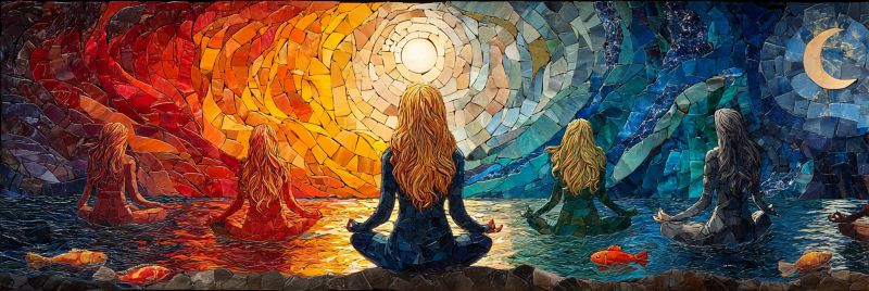 Painting mosaic watercolor colorful meditation yoga zen spirituality nature sun moon fish water reflection shadow harmony Oeuvre en mosaïque représentant cinq femmes dans une pose sereine et méditative. Elles sont assises en position du lotus, les jambes croisées, et sont entourées d'eau. Les femmes sont disposées en ligne, face à l'observateur, et sont représentées dans différentes couleurs, chacune représentant un élément ou un aspect différent de la nature. Le fond de la mosaïque est un rayonnement solaire vibrant et multicolore, avec des nuances d'orange, de jaune et de rouge. Le rayonnement solaire est entouré d'un ciel bleu foncé, avec un croissant de lune et des étoiles dans le coin supérieur droit. L'eau dans laquelle les femmes sont assises est représentée avec de petits poissons nageant autour d'elles. L'effet global de la mosaïque est de tranquillité et d'harmonie, avec les femmes et les éléments naturels qui s'unissent pour créer une scène paisible et méditative