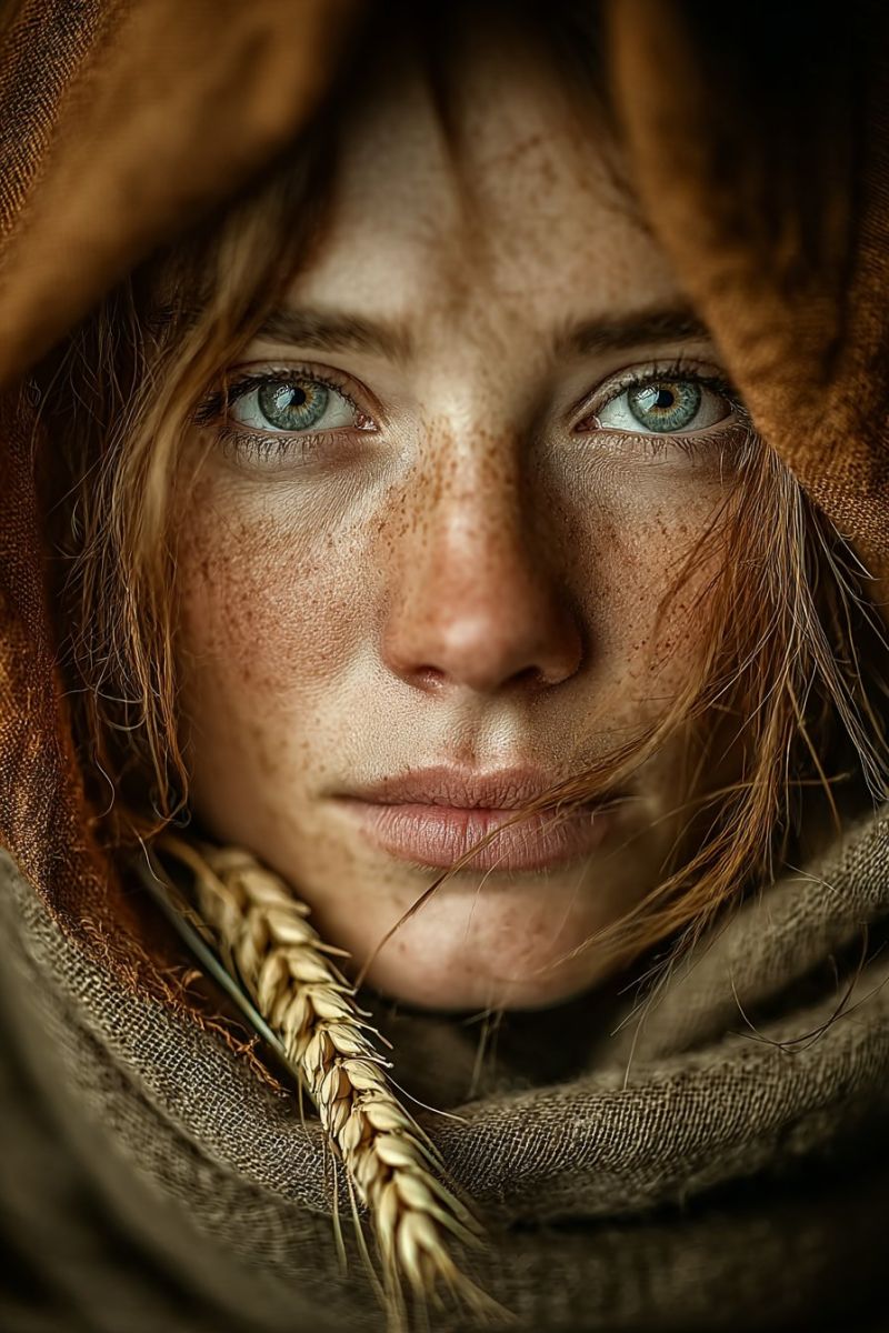 Femme oeil cicatrice peau tache rousseur tete couvre chef bandeau cape echarpe capuche ble grain oreille boucle lobe Un portrait rapproché d'une femme aux traits saisissants. Elle a une capuche drapée sur sa tête, couvrant partiellement son visage. Sa peau est légèrement couverte de taches de rousseur, et ses yeux sont d'un vert profond et vibrant. Ses lèvres sont légèrement entrouvertes, et son expression est contemplative. Une mèche de blé est drapée autour de son cou, ajoutant un élément rustique et naturel à l'image. L'arrière-plan est doucement flou, concentrant l'attention sur son visage et le blé.