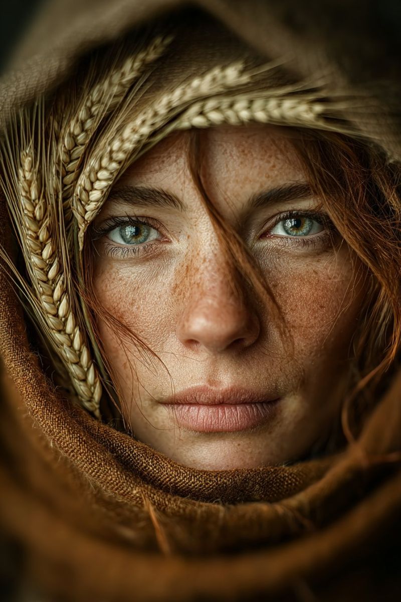 Femme foulard tete coiffure coupe oeil eyeliner maquillage ombre lentille contact lunettes Un portrait rapproché d'une femme aux traits saisissants. Elle a un châle brun clair drapé sur sa tête, couvrant partiellement son visage. Le châle est orné d'épis de blé dorés, ajoutant une touche rustique et naturelle à l'image. Ses cheveux sont d'une riche nuance de rouge, et elle a une légère éparpillement de taches de rousseur sur son visage, particulièrement visibles sur son nez et ses joues. Ses yeux sont d'un vert profond, et ses lèvres sont légèrement entrouvertes, lui donnant une expression sereine et contemplative. Le fond est intentionnellement flou, concentrant l'attention du spectateur sur son visage et les détails complexes du blé et du châle.