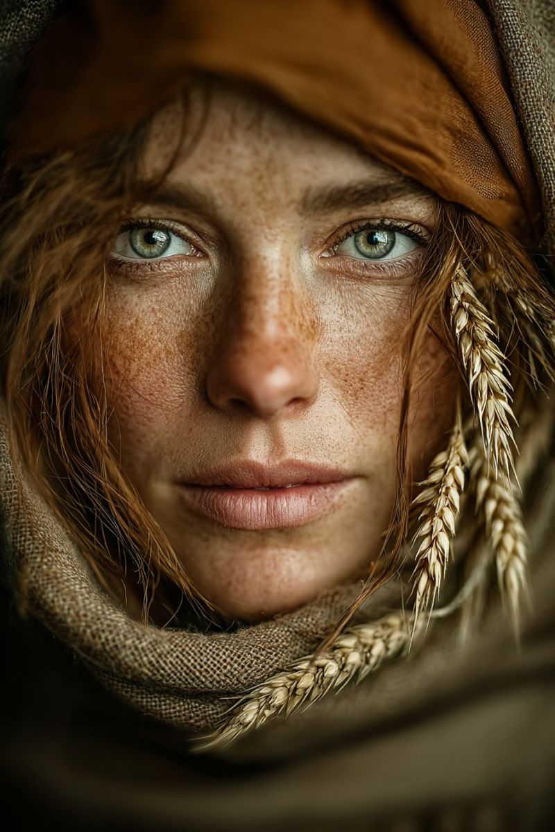 Femme tete echarpe ble oeil levre peau tache rousseur bandeau couvre chef coiffure couverture robe Un portrait rapproché d'une femme avec une expression sereine. Elle a des cheveux brun clair avec des taches de rousseur visibles sur son visage et ses épaules. Ses yeux sont verts et légèrement plissés, et ses lèvres sont roses et légèrement entrouvertes. Elle porte un foulard marron sur la tête et un foulard beige autour de son cou, avec des tiges de blé entrelacées dans ses cheveux. L'arrière-plan est flou, et l'éclairage est doux, mettant en valeur ses traits.