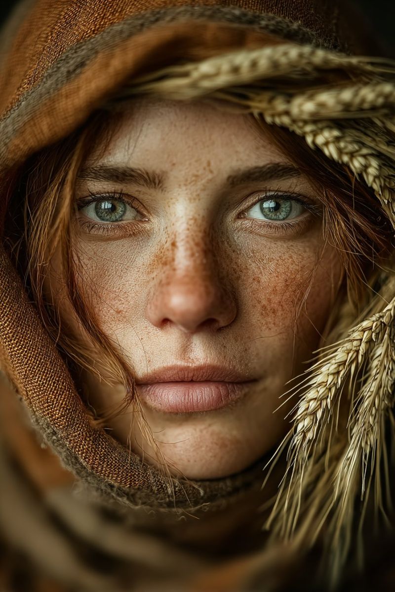 Femme taches rousseur tete bandeau ble echarpe tissu cape bonnet oeil levre bouche peau Un portrait rapproché d'une femme avec une capuche couvrant partiellement son visage. Elle a des cheveux brun clair avec des taches de rousseur visibles sur son visage et ses épaules. Ses yeux sont verts et légèrement plissés, et ses lèvres sont roses. Elle porte une capuche brune avec un design de blé sur le côté, et le blé est également sur ses épaules. L'arrière-plan est sombre, et l'accent est mis sur son visage et le blé.