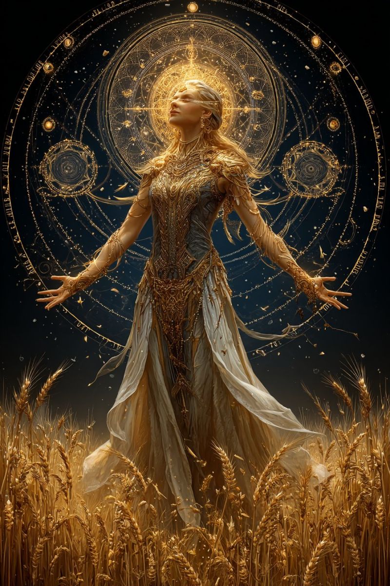 Femme robe champ ble fantaisie magie nuit etoile cercle lueur bijoux collier boucles oreilles Au centre de l'image se tient une femme aux longs cheveux dorés ondulants, vêtue d'une robe dorée et blanche ornée de motifs complexes. Ses bras sont étendus, et elle semble flotter ou se tenir debout sur un champ de blé doré. Derrière elle, un grand design circulaire avec des éléments dorés et blancs, ressemblant à un symbole céleste ou mystique, est proéminently affiché. Le fond est sombre, mettant en contraste et en valeur la femme et le design circulaire. La scène globale évoque un sentiment de mysticisme et de beauté éthérée.