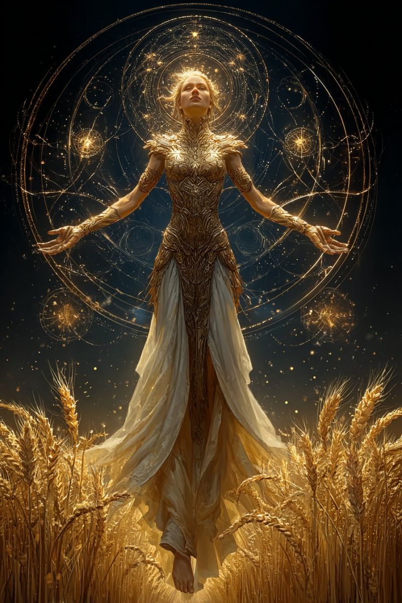 Femme robe ble champ fantaisie eclat magie nuit etoile cercle aura lumineux elegant beau mystique ethere divin celeste Une femme se tient dans un champ de blé, les bras étendus. Elle porte une robe dorée aux motifs complexes, et ses cheveux flottent librement. Elle semble flotter, avec des tiges de blé autour de ses pieds. Derrière elle, un motif circulaire de lumière dorée et d'étoiles forme un arrière-plan, donnant à la scène une qualité mystique et éthérée.