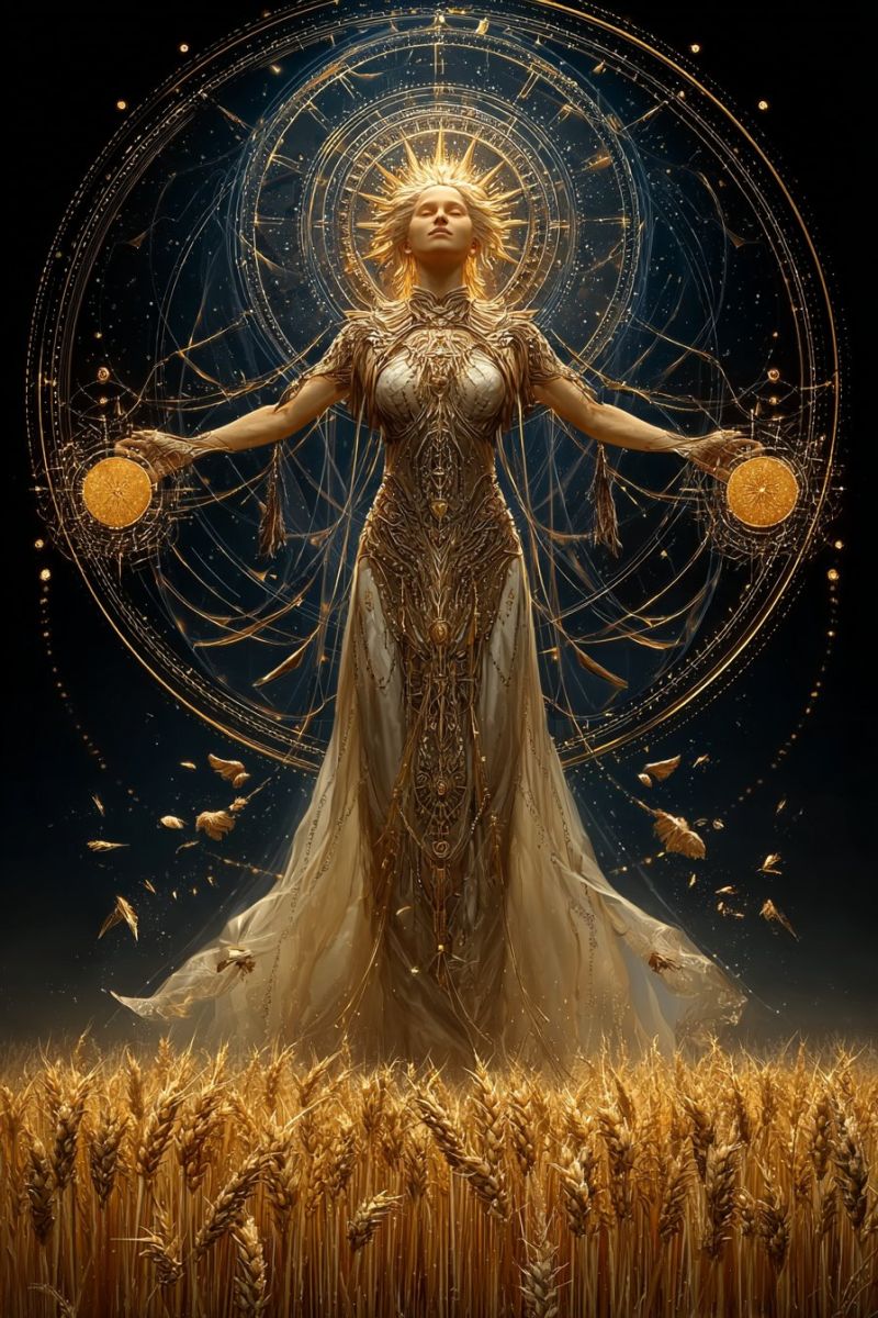Femme ble champ soleil cercle robe plumes ailes bijoux Au centre de l'image se dresse une figure majestueuse, une femme aux cheveux dorés et une couronne dorée, les bras étendus. Elle porte une robe dorée fluide ornée de motifs complexes et de plumes dorées. Elle tient dans ses mains deux objets circulaires dorés, peut-être des boucliers ou des disques. Derrière elle, un grand motif circulaire avec des rayons dorés et des motifs complexes forme un arrière-plan, créant un sentiment de grandeur et de mystère. L'arrière-plan est sombre, avec des plumes dorées flottant autour, ajoutant à l'atmosphère éthérée. En dessous d'elle, un champ de blé doré s'étend, symbolisant l'abondance et la prospérité.
