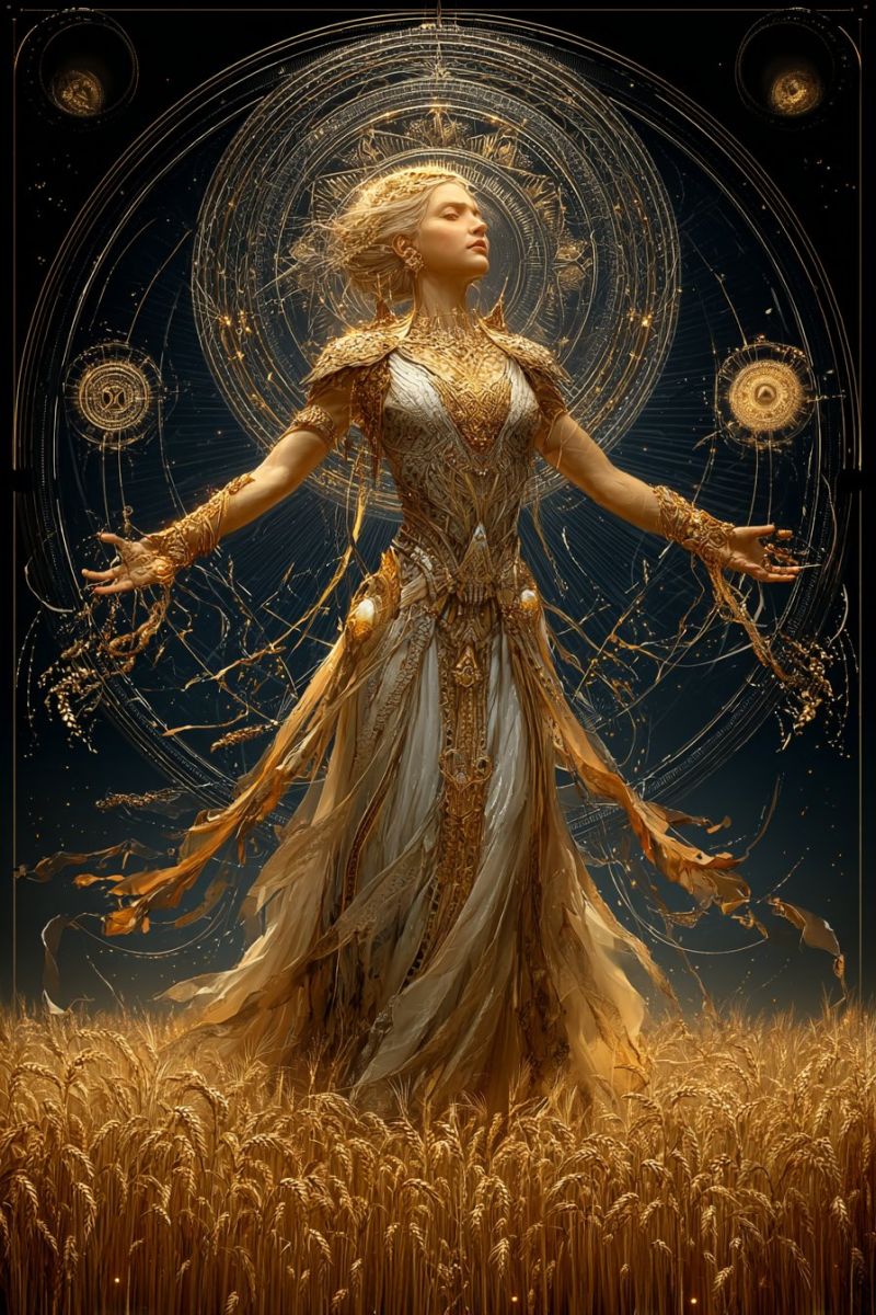 Woman dress field wheat fantasy gold night star circle jewelry jewel necklace earring crown headband belt In the center of the image stands a woman with long, flowing golden hair, dressed in a golden and white gown adorned with intricate patterns. Her arms are outstretched, and her dress flows around her, giving the impression of movement. She has a serene expression, with her eyes closed, as if in deep thought or meditation. The background is a dark, starry sky with circular patterns that resemble celestial bodies or cosmic energy. The woman is surrounded by golden wheat stalks, which add to the mystical and ethereal atmosphere of the scene.