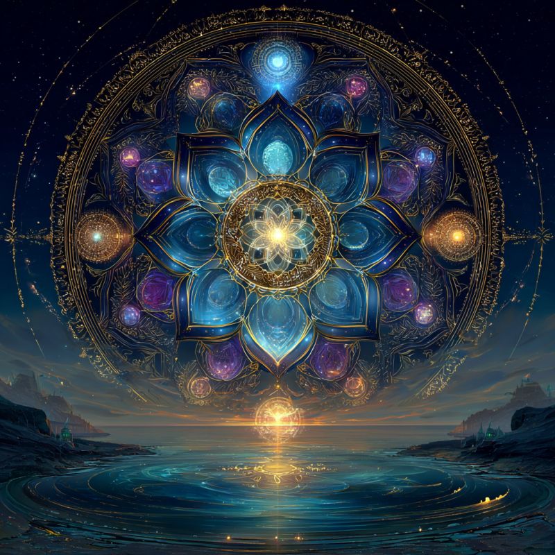 Blue circle colorful concept design fantasy flower geometric glow golden logo pattern purple large, ornate circular design with a central golden flower-like pattern. The outer circle is adorned with intricate, golden, and blue patterns, and the center is a vibrant golden flower with radiating petals. Surrounding the central flower are various colored, translucent orbs, including blue, purple, and pink, creating a multicolored effect. The background is a deep blue sky with stars, and the overall design is set against a back of a serene, possibly oceanic scene with a horizon line and distant silhouettes of buildings or structures.