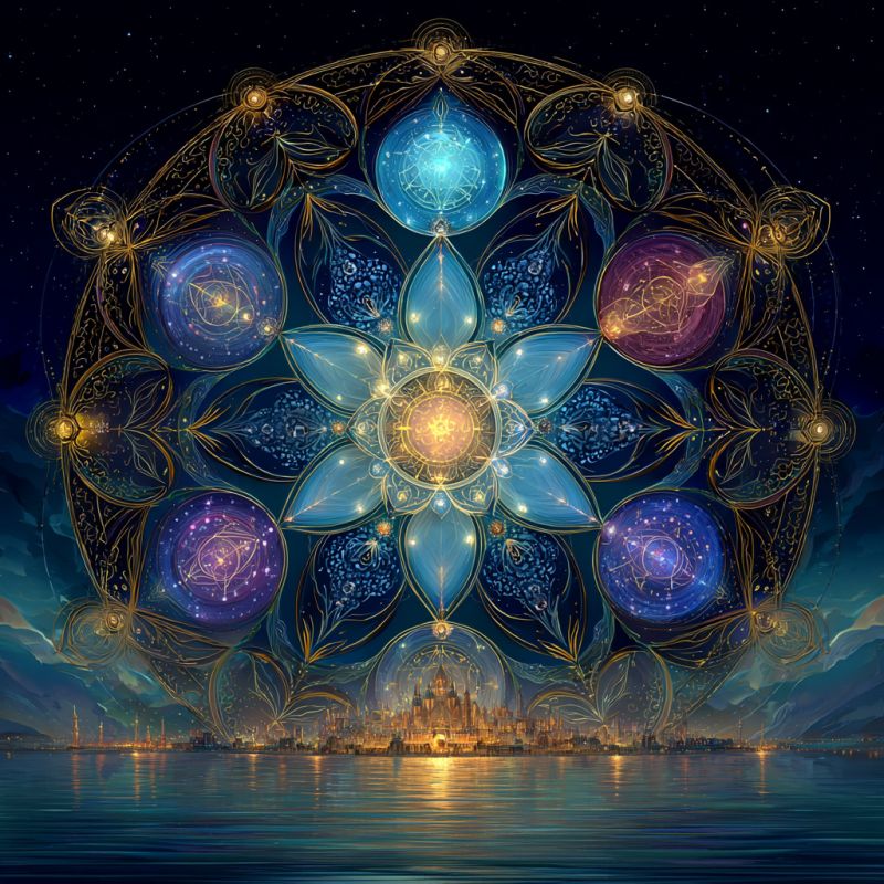 Fantaisie geometrique nuit ciel ville eau reflet architecture batiment tour pont lampe lampadaire eclairage Au centre, un grand design de mandala complexe, composé de diverses formes géométriques et de couleurs vives. Le mandala est principalement bleu et doré, avec une structure centrale en forme de fleur rayonnant vers l'extérieur. Autour de cette fleur centrale se trouvent plusieurs éléments circulaires, chacun avec sa propre couleur et son propre design, y compris des nuances de bleu, de violet et de jaune. Le fond du mandala est sombre, avec des étoiles visibles, créant un effet de ciel nocturne. Sous le mandala, il y a une ville avec de nombreux bâtiments et lumières, se reflétant sur l'eau calme d'une rivière ou d'un lac. La scène globale est mystique et sereine, mêlant des éléments de la nature, de l'architecture et du design céleste.