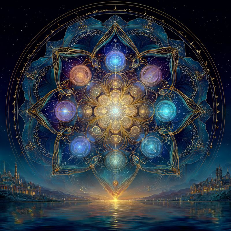 Fantaisie nuit ciel eau ville chateau lampe abat jour pied lampes eclairage eclaire eclairages eclaires postes Au centre, un grand design de mandala complexe, entouré d'un cercle doré. Le mandala est composé de multiples couches de formes géométriques, incluant des cercles et des triangles, avec une fleur dorée au centre. Le design est riche en couleurs, avec des nuances de bleu, de violet et d'or dominant la scène. Le fond est sombre, avec des étoiles visibles, créant un effet de ciel nocturne. Sous le mandala, il y a un corps d'eau serein, reflétant le ciel et le design complexe au-dessus. De chaque côté de l'eau, il y a des silhouettes de bâtiments, possiblement une ville, avec des lumières scintillant de l'intérieur, suggérant un cadre paisible nocturne.