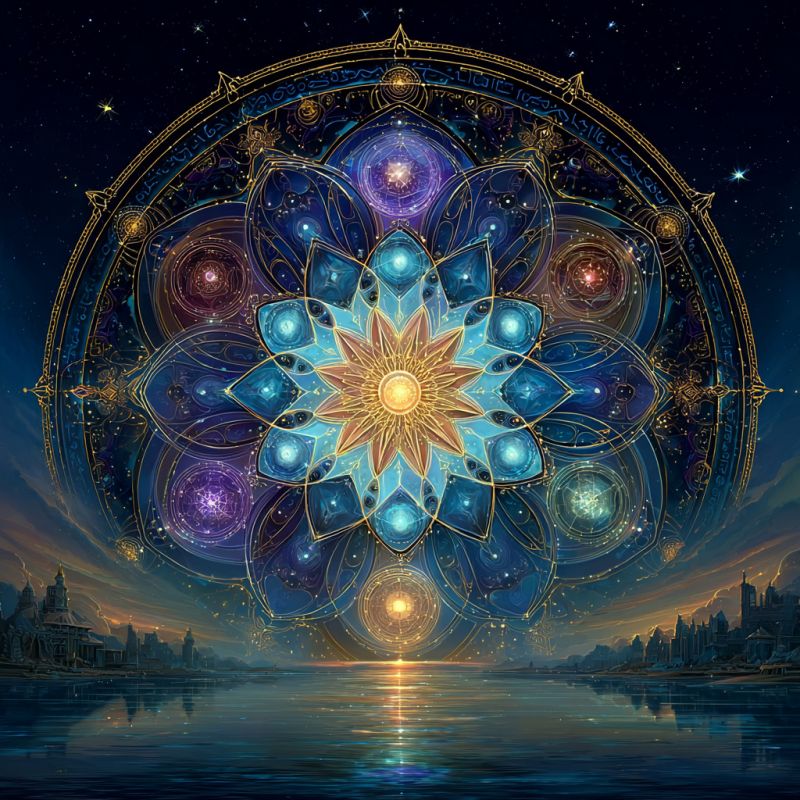 Blue circle colorful cosmos decoration design flower geometric glow golden ratio spiral triangle section mean angle number proportion large, ornate circular design at its center, resembling a mandala. This mandala is composed of intricate patterns and vibrant colors, primarily blue, gold, and yellow. The central part of the mandala is a large, radiant sun with golden rays extending outward. Surrounding the sun are multiple layers of concentric circles, each adorned with detailed geometric shapes and patterns. The outermost layer of the mandala is a golden border with decorative elements. The background of the image is a deep blue sky filled with stars, and there is a serene body of water below the mandala, reflecting the sky and the intricate design above. In the distance, there are silhouettes of buildings and a castle, adding to the mystical and serene atmosphere of the scene.