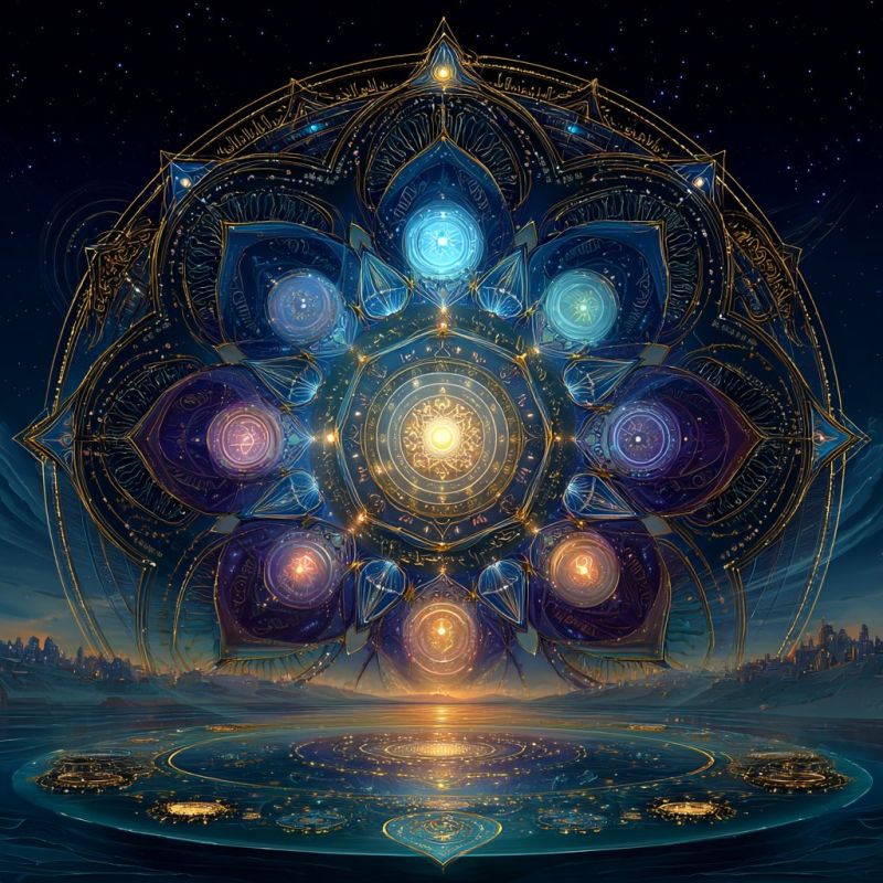 Blue circle colorful complex design flower geometric glow golden logo pattern ratio spiral triangle sacred geometry Au centre, un grand design de mandala complexe, composé de multiples cercles concentriques et de motifs géométriques. Le mandala est principalement bleu et violet, avec des accents dorés et des détails complexes. Au coeur du mandala, il y a un cercle jaune vif, rayonnant vers l'extérieur. Autour de ce cercle central se trouvent plusieurs cercles plus petits, chacun avec sa propre couleur et son propre design, incluant des nuances de bleu, de violet et d'or. Le fond de l'image est sombre, avec quelques étoiles visibles, et il y a un faible contour d'une ville au loin. L'effet global est celui de complexité et de profondeur, avec un sentiment de mouvement et d'énergie émanant du mandala central