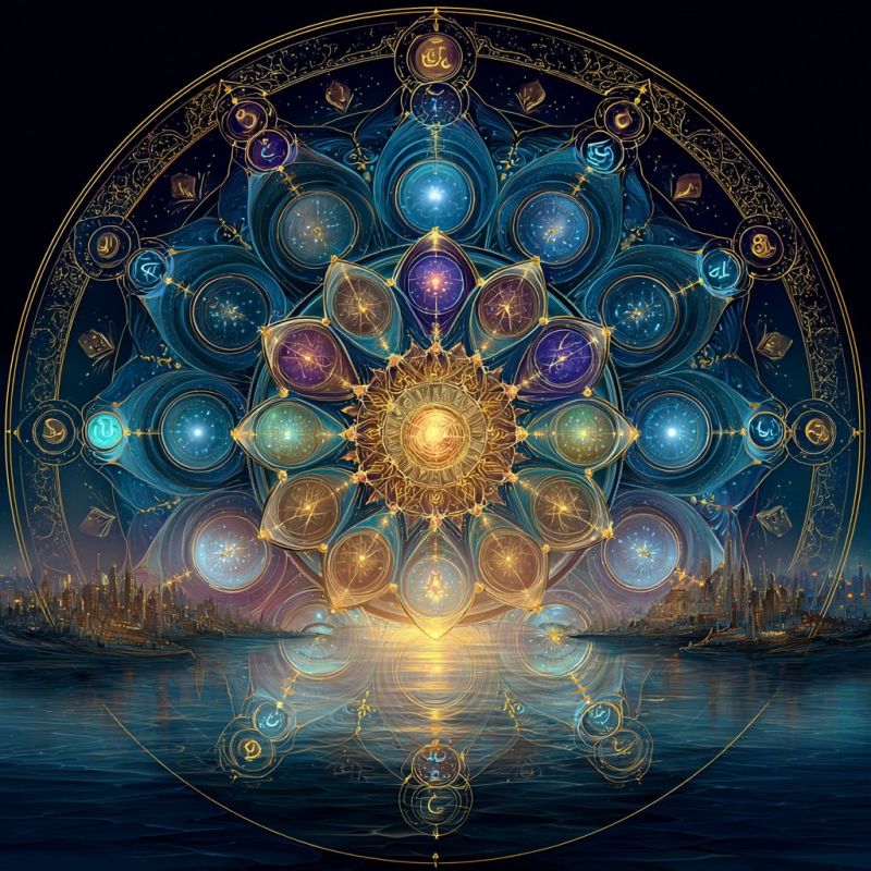 Cercle bleu fleur coloree concept design geometrique lueur dore logo ratio spirale triangle Grand design circulaire complexe avec une bordure dorée. Au centre se trouve un soleil radieux avec des rayons s'étendant vers l'extérieur, entouré par une série de cercles concentriques. Chaque cercle est rempli de diverses couleurs et motifs, y compris des bleus, des violets et des ors. Le design incorpore des symboles et des formes géométriques, créant une image complexe et détaillée. Le fond comprend un paysage urbain avec des bâtiments et un plan d'eau, reflétant les couleurs du design central. L'effet global est mystique et visuellement captivant.