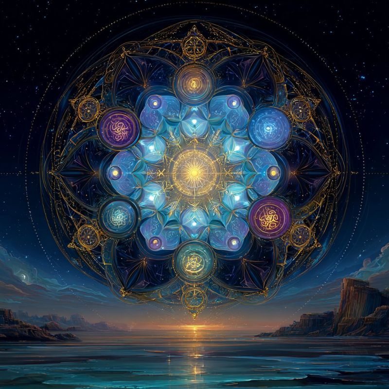 Cercle bleu fleur concept design etoile geometrique lueur dore logo violet Grand design circulaire complexe avec une bordure dorée, flottant au-dessus d'un océan serein. La partie centrale du cercle est un motif floral vibrant de bleu et de violet, entouré de plus petits motifs circulaires dans diverses nuances de bleu, de violet et d'or. Le design inclut des détails et des motifs complexes, avec une figure centrale semblable à un soleil doré rayonnant vers l'extérieur. Le fond est un ciel bleu profond rempli d'étoiles, et l'horizon montre une silhouette de falaises et un soleil couchant. L'eau en dessous est calme et reflète les couleurs du ciel et du design au-dessus.