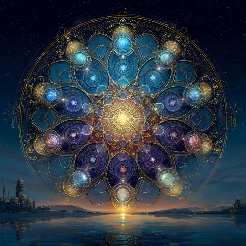 Astronomie bleu cercle cosmos design fleur fractal geometrique eclat dore nuit espace Grand design circulaire complexe en son centre, ressemblant à un mandala. Le mandala est composé de multiples couches de formes géométriques colorées qui se chevauchent, principalement dans des nuances de bleu, de violet et d'or. La couche extérieure du mandala est dorée, avec des motifs et des dessins complexes. Le centre du mandala est d'un jaune vif et radieux, entouré de cercles concentriques de couleurs variées. Le fond est d'un bleu profond, représentant le ciel nocturne, avec de faibles étoiles visibles. Sous le mandala, il y a un corps d'eau serein, reflétant les couleurs du mandala et du ciel. Au loin, il y a des silhouettes de bâtiments et une chaîne de montagnes, suggérant un paysage paisible et mystique.