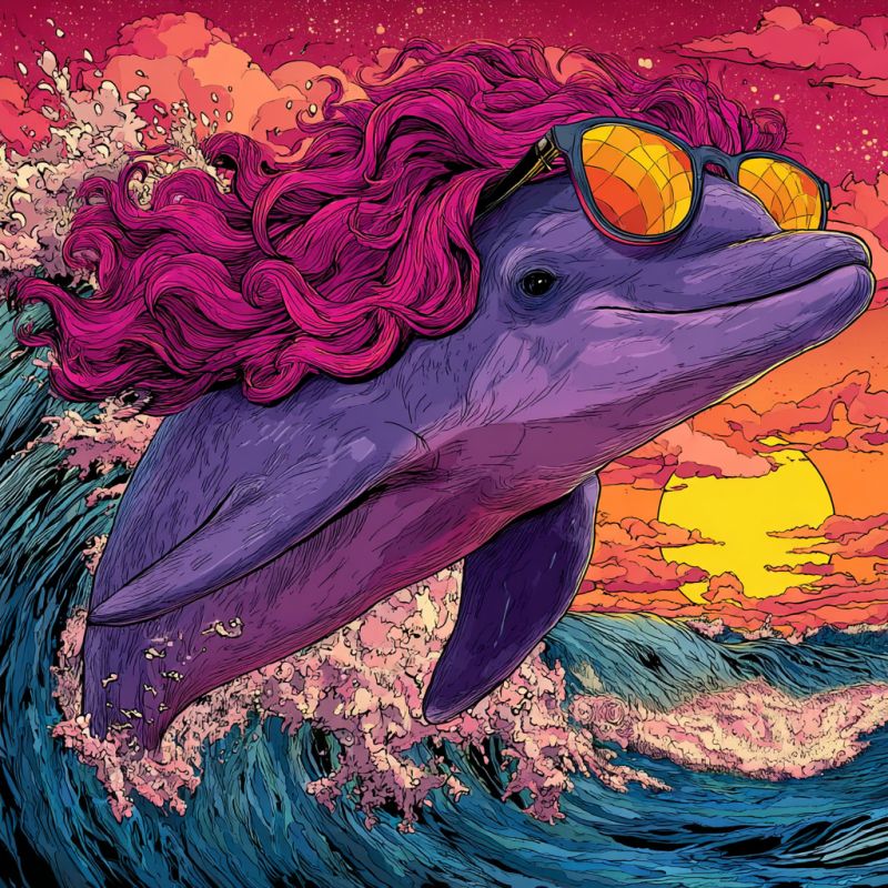 Dauphin lunettes soleil vague ocean coucher anime fantaisie surrealisme animal mer nuages rose pop Une illustration d'un dauphin aux cheveux rose vif sautant hors des vagues de l'océan. Le dauphin porte des lunettes de soleil surdimensionnées avec des verres colorés. L'arrière-plan présente un coucher de soleil avec des teintes chaudes d'orange, de rose et de jaune, se fondant dans le bleu profond de l'océan. Les vagues sont représentées avec un mouvement dynamique, et le ciel est rempli de nuages moelleux.