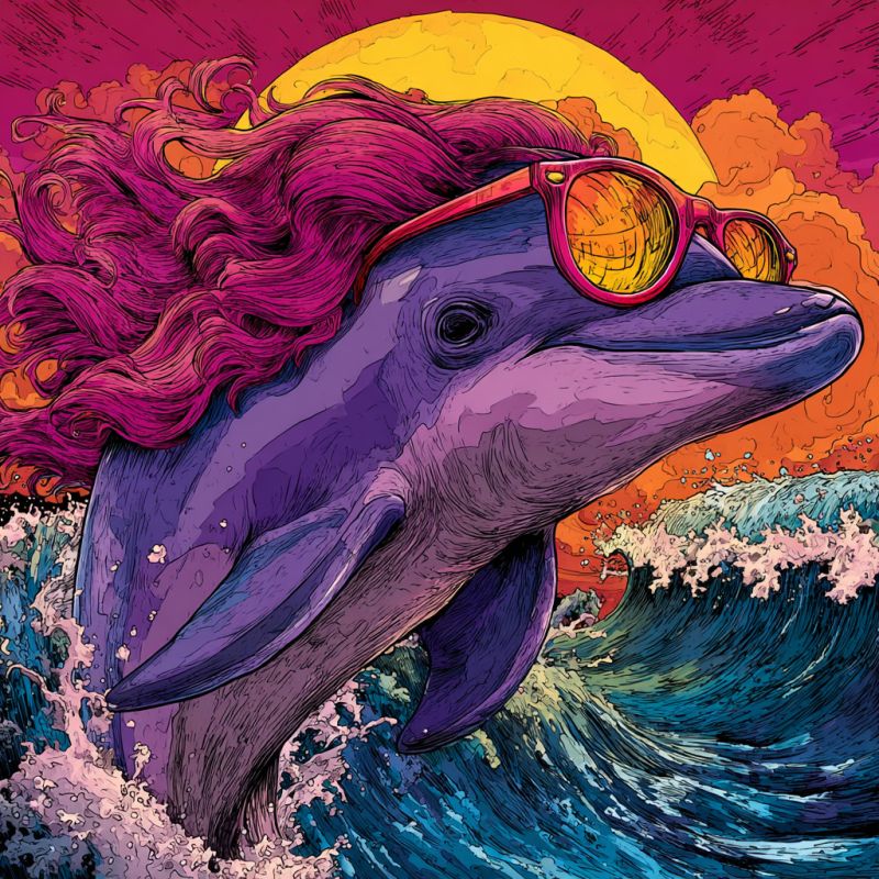 Dauphin soleil lunettes vague ocean anime rose jaune rouge violet nuages ciel eau eclaboussure eclabusser eclaboussage Une illustration vibrante présente un dauphin avec une tête semblable à celle d'un humain, ornée de longs cheveux roses et fluides. La tête du dauphin porte une paire de grands lunettes de soleil colorées avec des verres réfléchissants. Le corps du dauphin est principalement violet, se fondant en nuances de bleu et de vert alors qu'il plonge dans les vagues de l'océan. L'arrière-plan montre un coucher de soleil avec des teintes de violet, jaune et orange, créant une atmosphère onirique et surréaliste. Les vagues sont représentées en nuances de bleu et de vert, ajoutant au thème océanique.