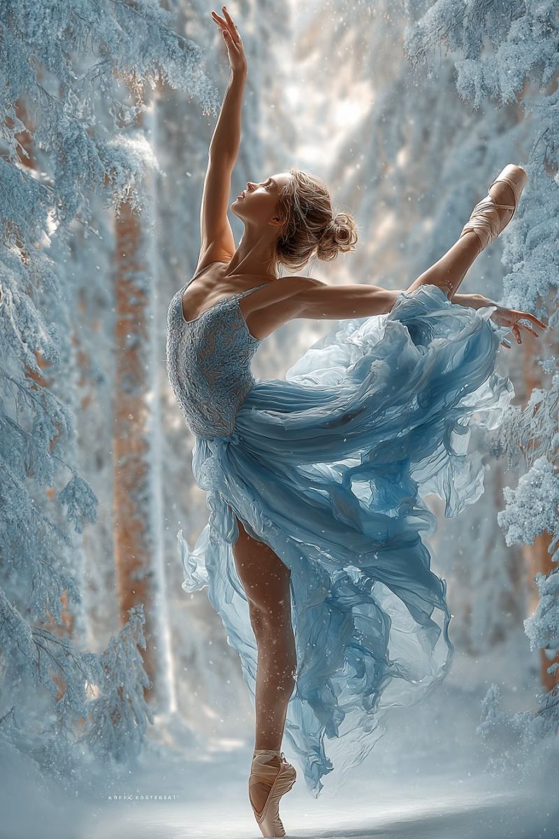 Ballet ballerine performance neige hiver robe glace gel arbres foret nature beaute grace elegance expression Une ballerine exécute une danse gracieuse dans une forêt enneigée. Elle porte un tutu bleu clair et un corsage assorti, avec ses cheveux attachés en chignon. Ses bras sont levés et ses jambes étendues dans une pose de ballet. Elle se tient sur la pointe des pieds, avec son pied droit légèrement levé. L'arrière-plan est une forêt avec des arbres couverts de neige, et la lumière vient du côté droit, projetant une lueur chaleureuse sur la scène.