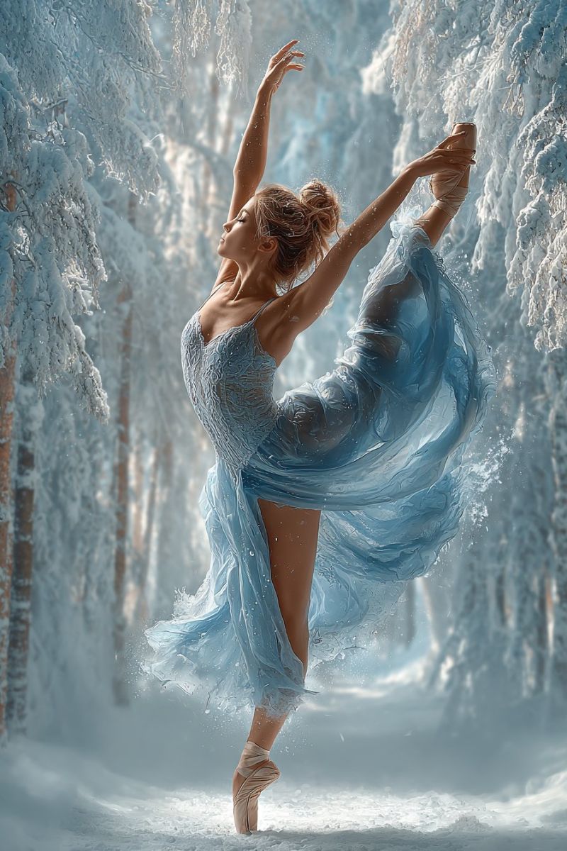 Ballet ballerine performance neige hiver robe glace patinage patinoire chaussures Une femme vêtue d'une robe de ballet bleue exécute un mouvement de ballet dans une forêt enneigée. Elle est en plein vol avec ses bras et ses jambes écartés, et ses cheveux sont attachés en chignon. Elle porte des chaussures de ballet et sa robe flotte dans l'air. La neige recouvre le sol et les arbres autour d'elle. L'image a une qualité onirique et éthérée, avec un flou doux et un effet légèrement flou.