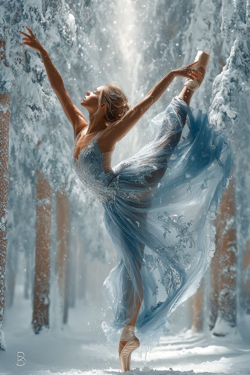 Ballet ballerina dance performance snow winter dress costume grace elegance beauty expression movement fantasy magic inspiration creativity imaginatio A woman in a blue tutu and ballet shoes is performing a ballet pose in a snowy forest. She is mid-air with her arms and legs spread out, her head tilted back, and her hair flowing. The snow is falling around her, and the trees are covered in snow. The image has a watermark with the letter 