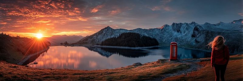 Coucher soleil lac montagnes ciel reflet nature teleobjectif air neige nuages eau arbres herbe randonnee aventure voyage hiver telephone cabine Un paysage serein présente une femme debout près d'une cabine téléphonique rouge au bord d'un lac calme. Le soleil se couche derrière des montagnes enneigées, projetant une lueur chaude sur la scène. Le ciel est un mélange de teintes orange et roses, avec des nuages éparpillés. Le lac reflète les couleurs vives du coucher de soleil, et la zone environnante est couverte d'herbe sèche et de petits arbustes. Les montagnes en arrière-plan sont majestueuses et couvertes de neige, ajoutant à la vue pittoresque.