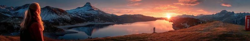 Montagne lac coucher soleil ciel reflet eau nature neige nuage colline horizon vallee rocher foret arbre herbe chaine Une personne aux cheveux longs se tient sur une colline herbeuse, contemplant un lac serein en contrebas. Le lac reflète les couleurs vives du coucher de soleil, avec des teintes d'orange, de rose et de violet dans le ciel. Des montagnes enneigées entourent le lac, créant un paysage pittoresque et tranquille. Le soleil se couche à l'horizon, projetant une douce lueur sur toute la scène.