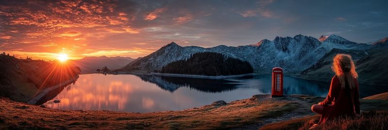 Coucher soleil lac montagnes ciel reflet femme nature neige arbres herbe soiree air pittoresque paisible meditation assise cheveux boucles rouge cabin Une scène sereine au coucher du soleil présente une femme assise sur une colline herbeuse près d'un lac calme. Le soleil se couche à l'horizon, projetant des teintes chaudes orange et rose dans le ciel. En arrière-plan, des montagnes enneigées s'élèvent majestueusement. À droite de la femme, une cabine téléphonique rouge se démarque du paysage tranquille. Le lac reflète les couleurs vibrantes du coucher de soleil, créant un effet de miroir. L'atmosphère générale est paisible et pittoresque.