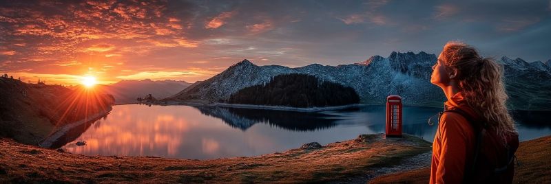 Sunset mountains lake sky clouds woman backpack nature reflection snow trees hills horizon travel adventure outdoors scenery phone booth A woman with long, curly hair stands on a grassy hill, gazing upwards at the setting sun. She wears a bright orange jacket and a backpack. Behind her, a serene lake reflects the vibrant colors of the sunset, with mountains in the distance covered in snow. To the right, a red telephone booth stands out against the landscape. The sky is a mix of warm orange and cool blue hues, creating a picturesque scene.