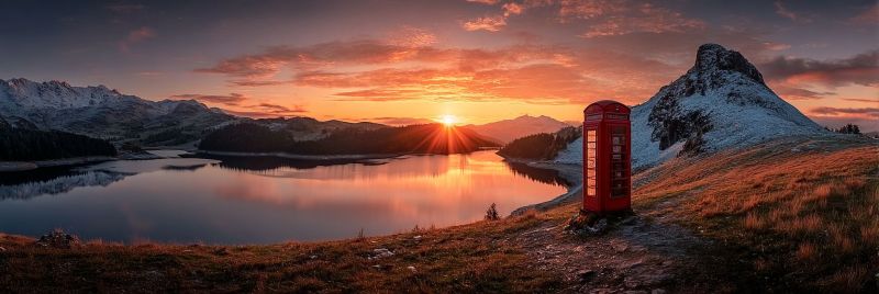 Sunset mountain lake sky clouds nature reflection water hill grass snow rock outdoors travel scenery horizon phone booth serene landscape at sunset. A calm lake reflects the warm hues of the setting sun, with mountains in the background partially covered in snow. A red telephone booth stands on a grassy hill near the lake, adding a touch of British charm to the scene. The sky is painted with shades of orange and pink, creating a picturesque and tranquil atmosphere.