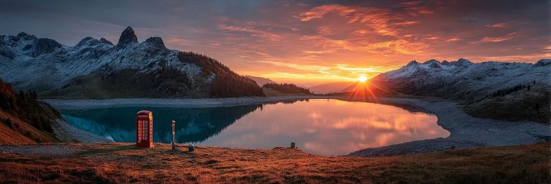 Coucher soleil lac montagnes ciel reflet eau nature pittoresque air teleobjectif soiree calme serein majestueux Paysage de montagne serein au coucher du soleil. Au premier plan, il y a un lac calme avec les reflets du ciel et des montagnes environnantes. À gauche du lac, une cabine téléphonique rouge se démarque sur le fond naturel. Les montagnes sont couvertes de neige, et le ciel est un mélange de couleurs chaudes du coucher du soleil, y compris les oranges, les roses et les violets. La scène globale est paisible et pittoresque, avec le soleil se couchant derrière les montagnes, projetant une lueur dorée sur le paysage.