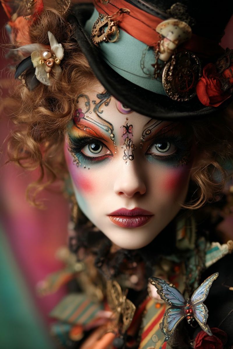 Makeup doll fantasy butterfly hat accessories jewelry earrings necklace earring ear paint A woman with curly hair is wearing a hat adorned with feathers, flowers, and gears. Her face is painted with vibrant colors, including blue, pink, and red, and she has intricate designs on her cheeks and forehead. She has red lips and is wearing makeup with a butterfly design on her shoulder. The background is slightly blurred, and the light is focused on her face.