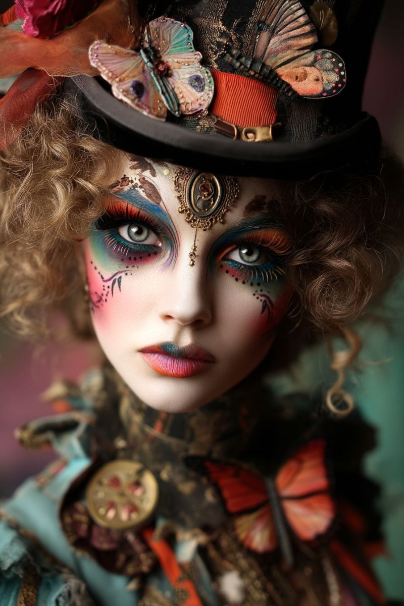 Doll makeup fantasy butterfly hat costume fashion accessories jewelry earrings necklace earring necklaces A doll with curly hair is dressed in a vibrant, intricate costume. The doll wears a black top hat adorned with colorful butterflies and a red ribbon. Its face is painted with bright, multicolored designs, including blue and pink around the eyes, red lips, and intricate patterns on the cheeks. The doll's outf mix of blue, red, and gold fabrics, with decorative elements like a golden medallion and a red butterfly on the shoulder. The overall look is whimsical and fantastical.