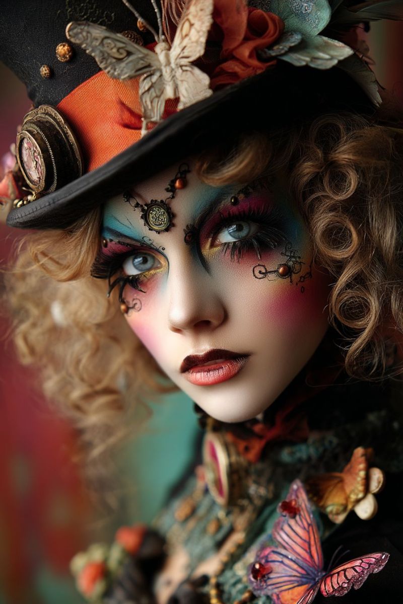 Doll makeup fantasy butterfly hat fashion accessories jewelry earrings necklace earring necklaces A doll with curly hair is dressed in a vibrant, intricate costume. The doll wears a black hat adorned with feathers and butterflies, and its face is painted with colorful designs. The eyes are highlighted with blue and pink eyeshadow, and there are intricate designs around the eyes and on the cheeks. The doll's lips are painted in a deep red color, and there are butterfly designs on its costume. The background is blurred, adding to the whimsical and fantastical atmosphere.