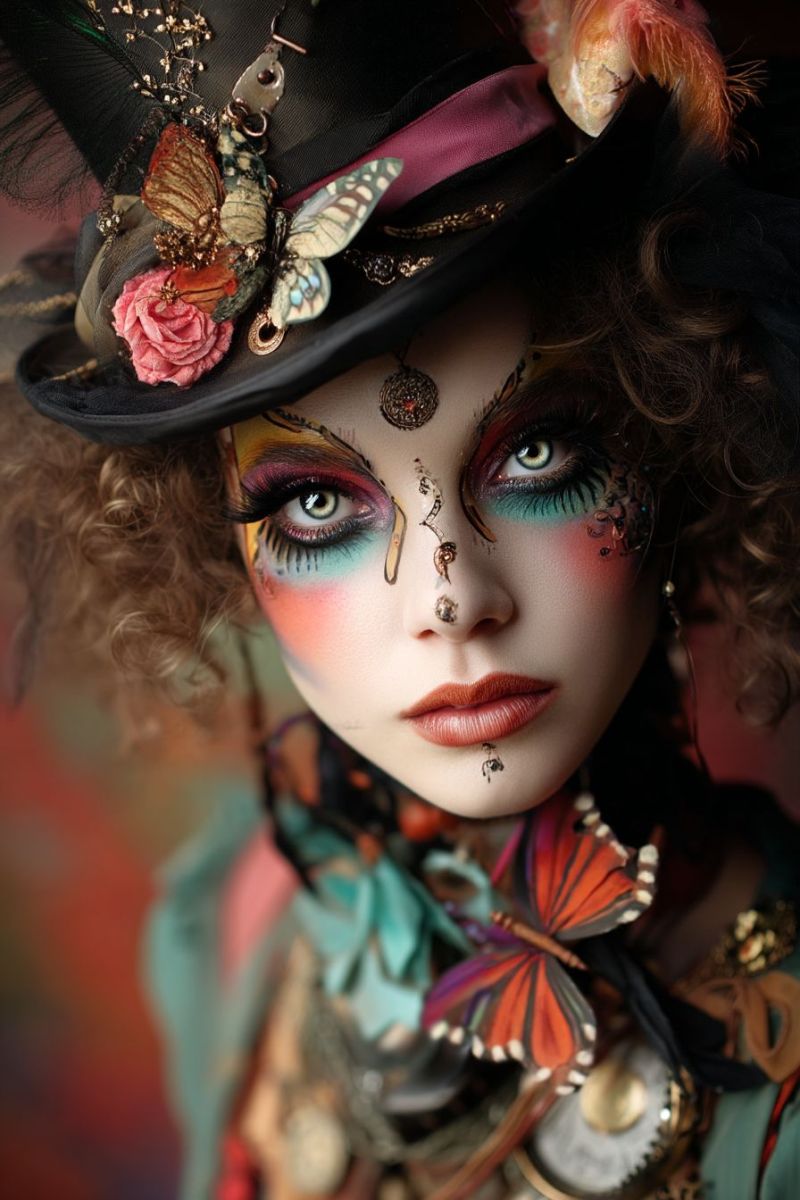 Woman makeup hat butterfly feather jewelry accessory fashion design colorful creative fantasy beauty eyeshadow lipstick earring A woman with curly hair is wearing a black hat adorned with feathers, butterflies, and a pink ribbon. Her face is painted with vibrant colors, including blue and pink around her eyes, red lips, and intricate designs on her cheeks and forehead. She has a butterfly brooch on her chest and a scarf with a butterfly design around her neck. The background is slightly blurred, with a hint of red.