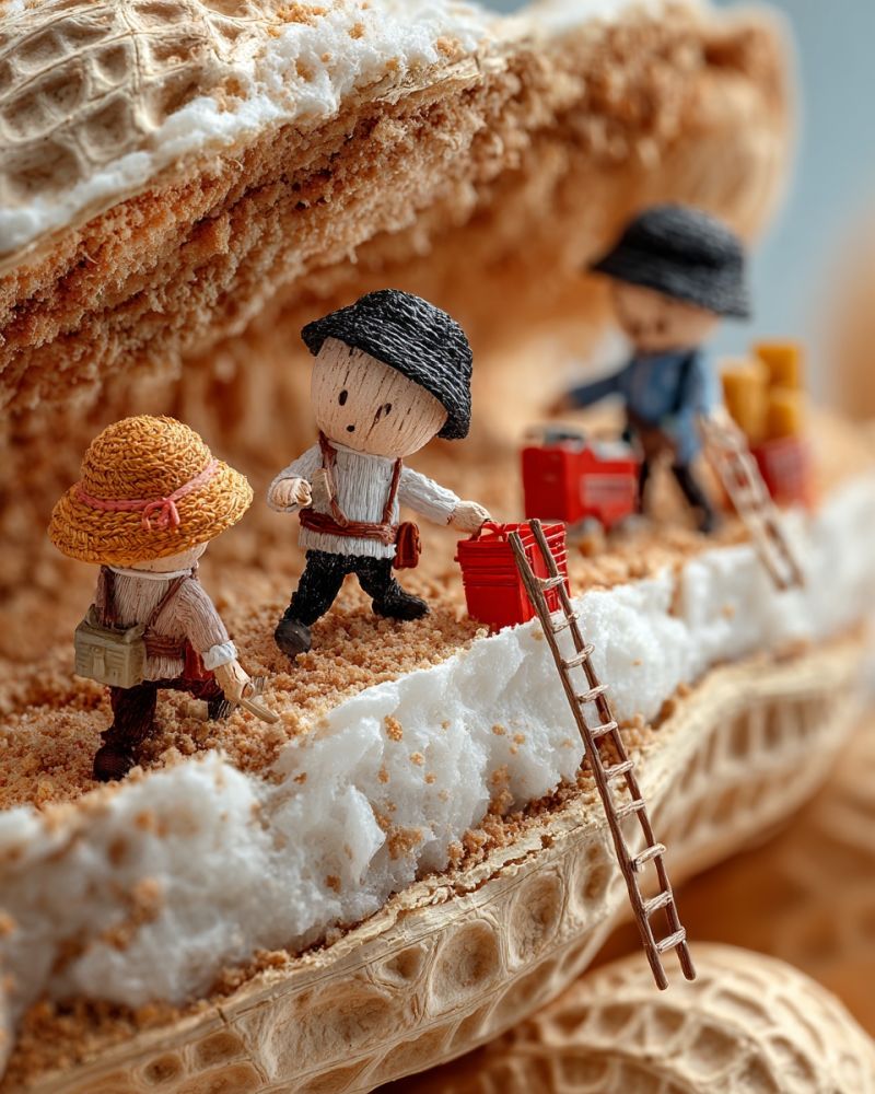 Miniature peanut shell ladder bucket hat tools shovel craft decoration food imagination play there are several miniature figurines of people working in a peanut shell. The peanut shell is divided into sections, with some parts resembling a honeycomb texture. The figurines are dressed in hats and boots, and they are engaged in various activities. One figurine is holding a red bucket, another is climbing a small ladder, and a third is carrying a red trolley. The scene is set against a back of peanut shells and what appears to be a sandy or grainy surface. The figurines are intricately detailed, with visible facial expressions and body postures, suggesting a sense of activity and purpose.