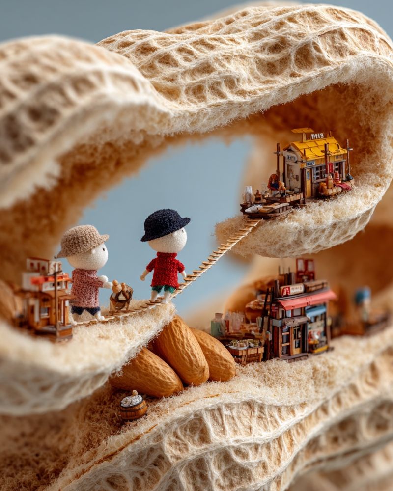 Miniature artisanat sculpture nourriture pain cacahuete texture imagination jeu aventure fantaisie monde creation design composition Deux petites figurines finement travaillées marchent le long d'un chemin étroit qui serpente au centre d'une grande surface texturée ressemblant à une coque d'arachide. Les figurines portent des chapeaux et transportent de petits objets, suggérant un voyage ou une exploration. Sur le côté gauche du chemin, il y a plusieurs petits bâtiments et structures, dont une maison avec un toit jaune et une pancarte qui indique 