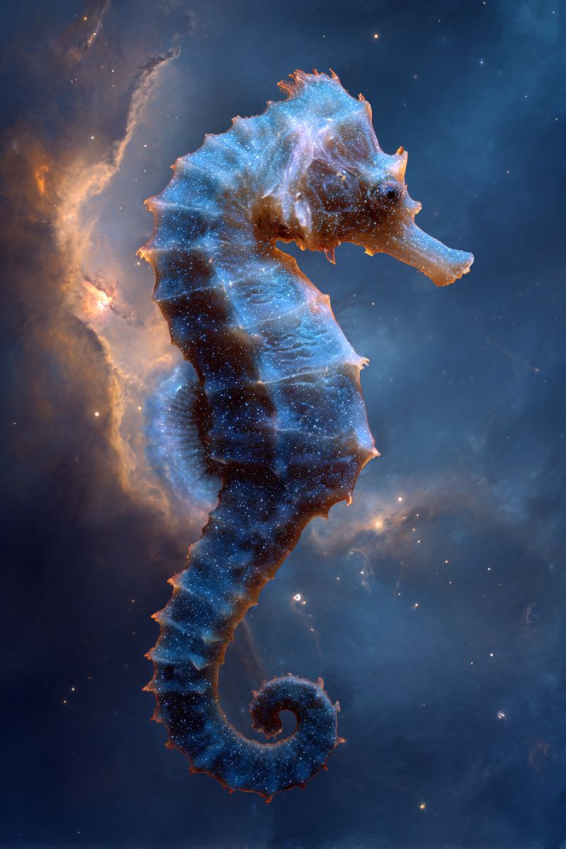 Hippocampe espace galaxie cosmos nuit etoilee celeste sous marin aquatique poisson nageant queue nageoires tete yeux sombre Un hippocampe nage dans un fond d'espace bleu profond. L'hippocampe a un corps long et mince avec une queue incurvée et une tête distinctive avec un museau long et pointu. Son corps est recouvert d'un motif d'écailles bleues et blanches, et il a une série de nageoires le long de son dos et de ses côtés. Les yeux de l'hippocampe sont grands et ronds, et il semble regarder directement le spectateur. Le fond est d'une couleur bleu profond avec quelques étoiles et un motif semblable à une nébuleuse.