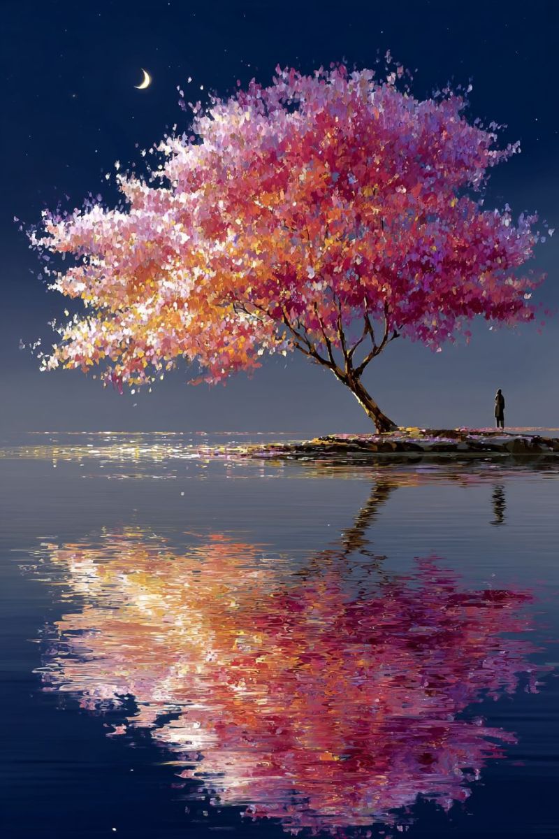 Arbre nuit eau reflet lune lac floraison cerisier fleur rose beaute nature Un grand arbre aux feuilles rose vif et orange se dresse sur une petite île au milieu d'un plan d'eau calme. Le reflet de l'arbre scintille à la surface de l'eau, créant un bel effet de miroir. Une personne se tient sur l'île, contemplant la scène sereine. Le ciel au-dessus est sombre, avec un croissant de lune et quelques étoiles visibles, ajoutant à l'atmosphère tranquille. L'eau est d'un bleu profond, et la scène dans son ensemble est paisible et pittoresque.