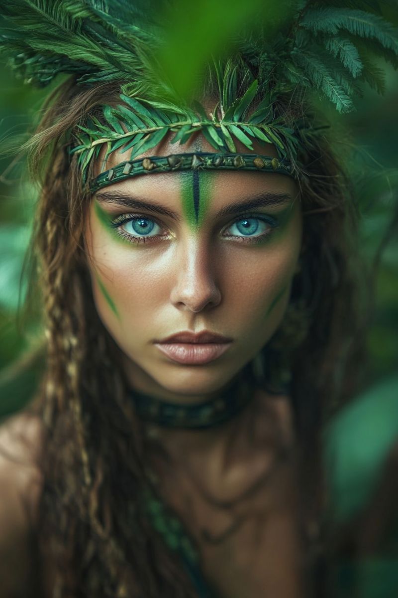 Tribe warrior tribal paint native american makeup green leaves plant fashionable indigenous attire fantasy costume nature setting wilderne Tribe warrior tribal paint native american makeup green leaves plant fashionable indigenous attire fantasy costume nature setting wilderne