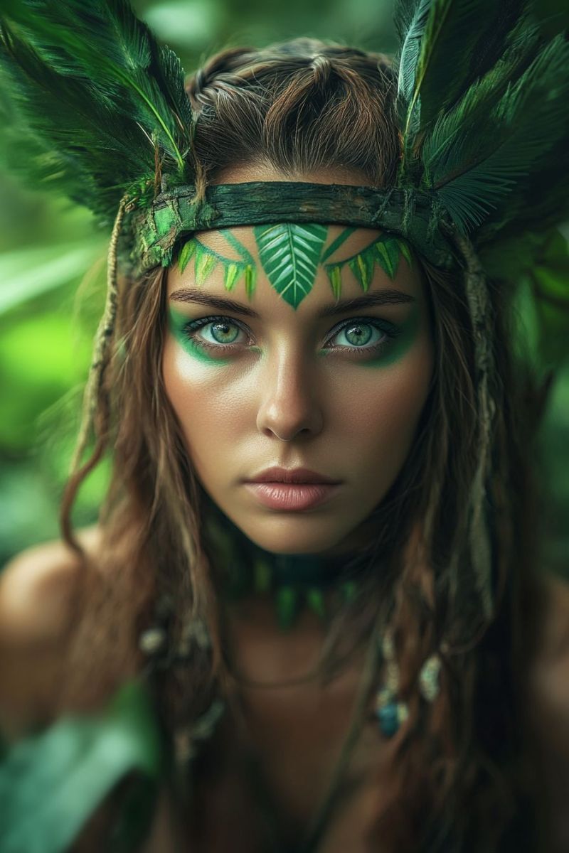 Maquillage tribale explorateur jungle costumes mode tribu amazonienne cosplay naturel festival vert guerrier indigene energie ecologique Maquillage tribale explorateur jungle costumes mode tribu amazonienne cosplay naturel festival vert guerrier indigene energie ecologique