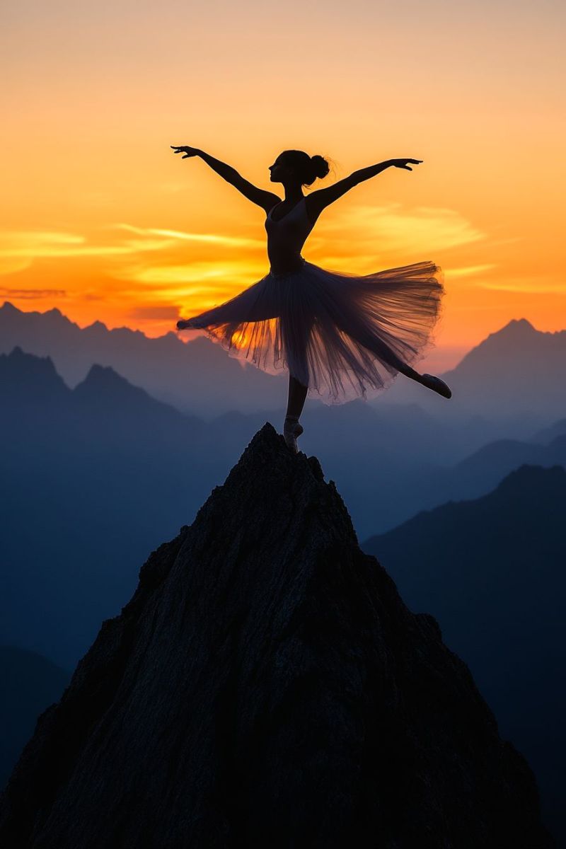 Danseuse ballet sommet montagne soleil posee coucher danseur ciel soiree aube silhouettede ballerine elegante femme dansant Une peinture vibrante et colorée qui saisit l'essence de l'unité et de la célébration. Au centre, il y a un grand soleil radieux avec des rayons qui en émanent, créant une sensation de chaleur et d'énergie. Les figures entourant ce soleil central semblent danser ou célébrer, leurs corps émettant une lumière qui correspond à la couleur du soleil, suggérant qu'elles pourraient être parties d'une performance ou d'un moment partagé de joie. Le fond est rempli de lignes ondulées en variedades de bleu et de pourpre, ajoutant de la profondeur et de l'effort au décor. L'atmosphère générale de la peinture est celle de célébration et d'harmonie, comme si le peintre avait capturé un moment de bonheur collectif et de liberté.