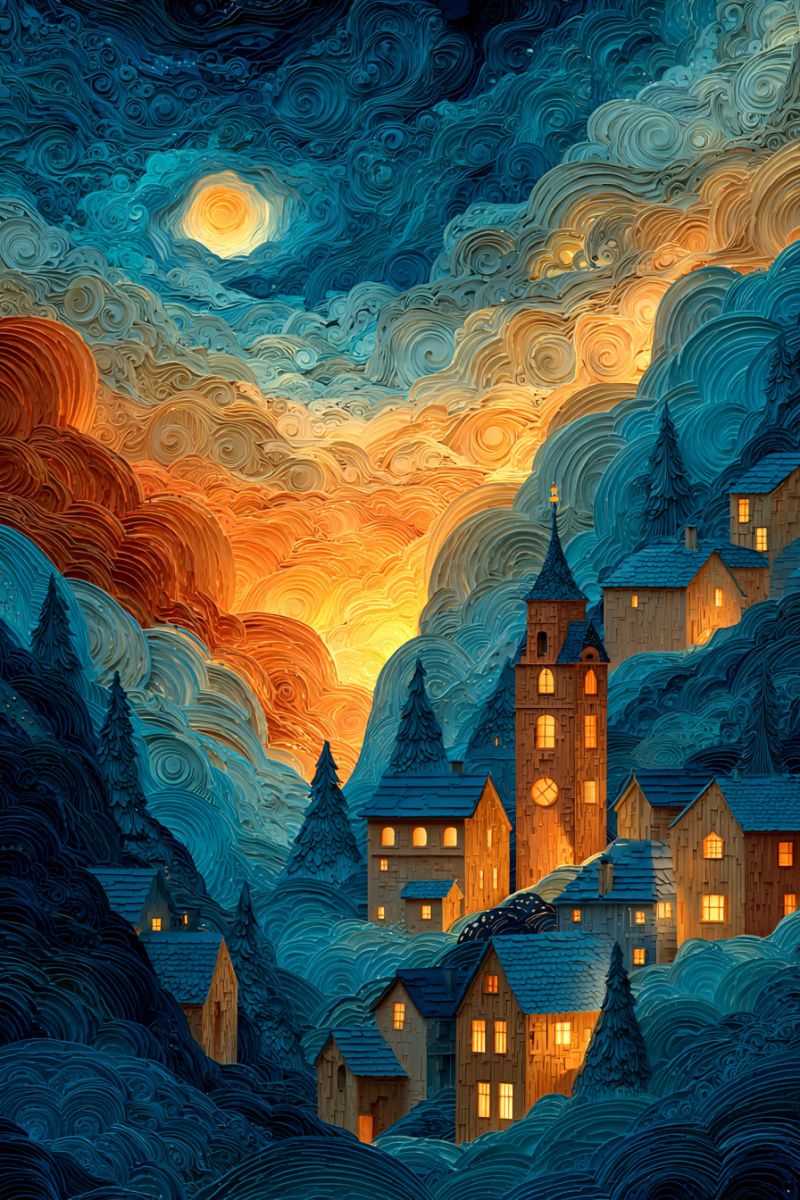 Painting night sky house town village mountain cloud sun sunrise sunset fantasy imagination dream colorful texture village nestled in a mountainous region under a dramatic night sky. The village is composed of several wooden houses with warm, glowing windows, suggesting it is nighttime. The houses are surrounded by pine trees, and the landscape is covered in a blanket of snow. The sky is a striking blend of deep blues and oranges, with swirling clouds that give the impression of movement. A full moon is visible, casting a soft light over the scene. The overall atmosphere is serene and magical, with the village appearing almost like a fairy tale setting.