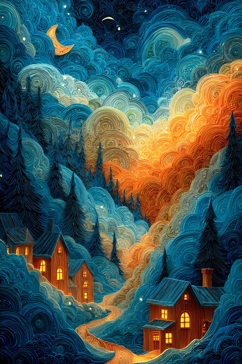Nuit ciel maison arbres route lune nuages foret coucher soleil chaleur eclat ombres chaleureux fantaisie onirique Paysage serein de nuit avec une qualité fantaisiste, presque onirique. Le ciel est d'un bleu profond, rempli de nuages texturés et tourbillonnants qui semblent être faits de couches de papier ou de tissu, leur donnant un aspect tridimensionnel. Les nuages sont principalement bleus mais passent à des teintes chaudes d'orange et de jaune vers l'horizon, suggérant le coucher ou le lever du soleil. Une lune croissante flotte gracieusement dans le ciel, ajoutant à l'atmosphère tranquille. Sous le ciel, une forêt dense d'arbres à feuilles persistantes s'étend à travers le paysage, leurs silhouettes sombres et nettes contre le ciel lumineux. Nichés parmi les arbres se trouvent deux maisons douillettes, éclairées chaleureusement, chacune avec des fenêtres brillant d'une douce lumière invitante. Les maisons sont entourées de neige, qui couvre le sol et les arbres, renforçant l'ambiance hivernale de la scène. Un chemin étroit et sinueux mène entre les maisons, suggérant un voyage à travers cette forêt magique et enneigée.