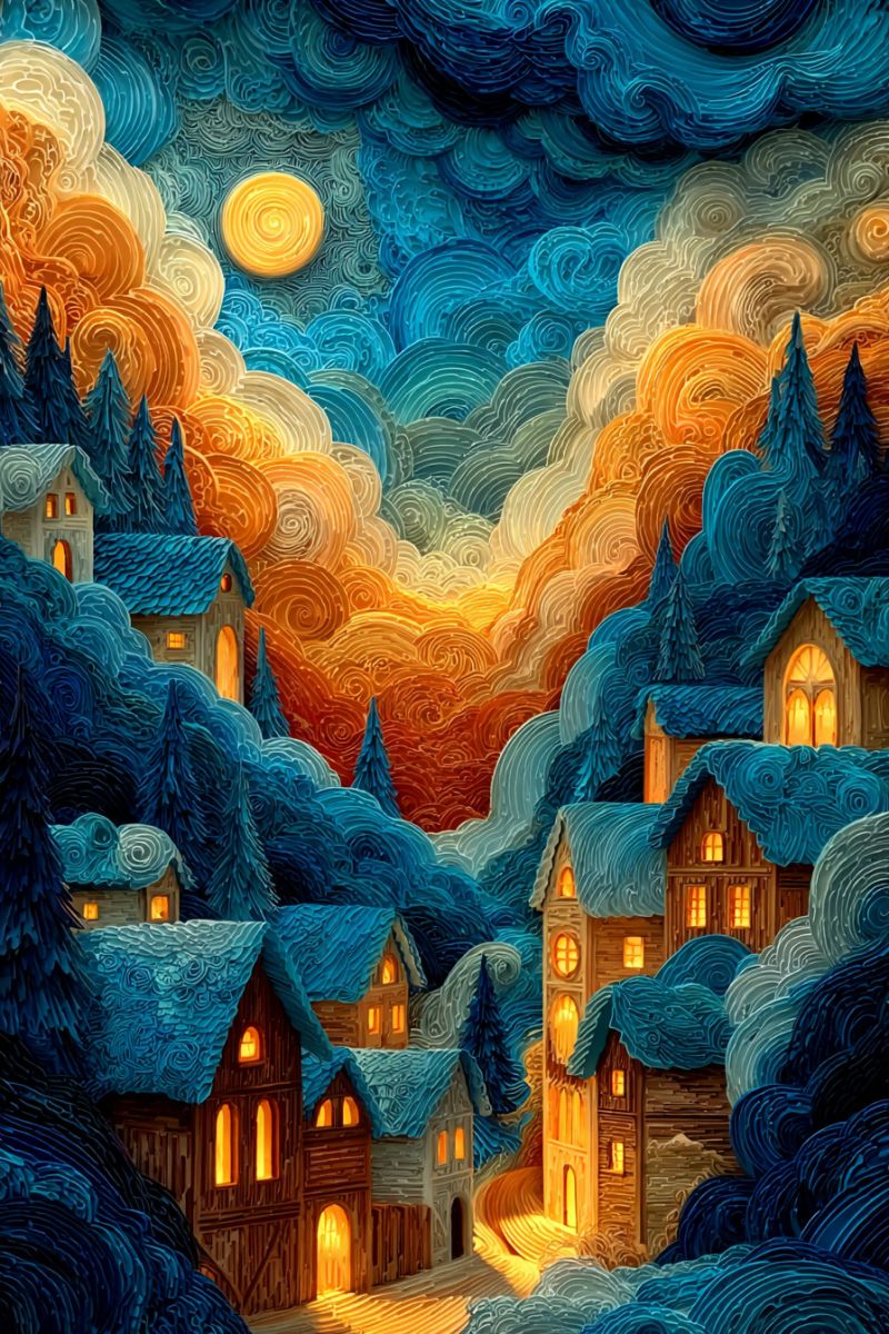 Nuit ville maisons route arbres nuages lune soleil ciel montagnes hiver neige chaleur froid nature Un village fantaisiste, construit en papier, est niché dans un paysage montagneux. Le village est composé de plusieurs maisons en bois avec des fenêtres chaudes et lumineuses, suggérant une atmosphère chaleureuse et accueillante. Les maisons sont entourées de pins, et les toits sont recouverts de papier bleu et blanc tourbillonnant et texturé qui imite l'apparence de la neige. Le ciel au-dessus est un mélange vibrant de teintes orange, jaune et bleu, avec des nuages tourbillonnants qui semblent être faits de papier texturé et superposé. En arrière-plan, une pleine lune est représentée avec un design en spirale jaune, ajoutant une touche magique à la scène. L'effet global est celui d'un merveilleux pays des merveilles hivernal, fait main.